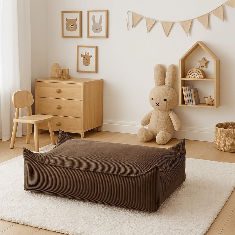 Pouf Lit pour Enfant en Velours Côtelé marron